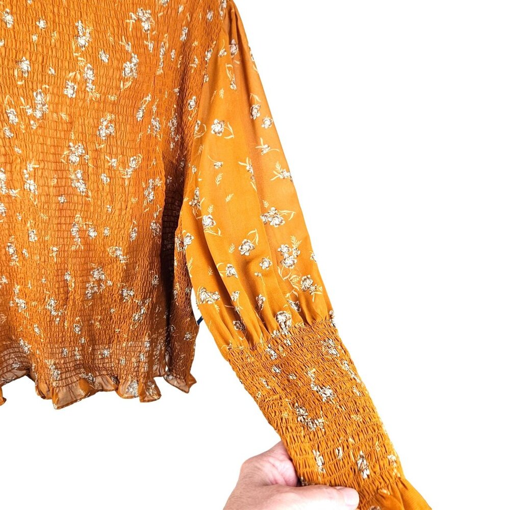 New Terra & Sky Plus Size 4X Long Sleeve Smocked Top Floral Print Mustard Yellow - Picture 10 of 12